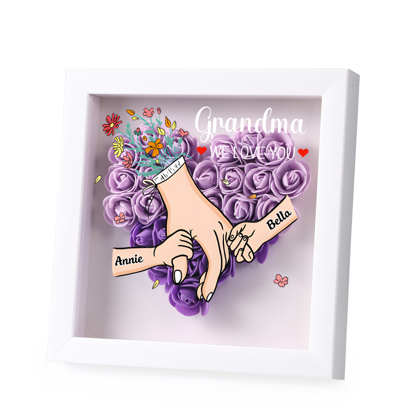 À Maman/Mamie - Cadre Photo Panneau de Densité La Main Dans La Main 2 Prénoms et 1 Texte Personnalisés 5 Couleurs Ornements Floral pour Famille | Jessemade