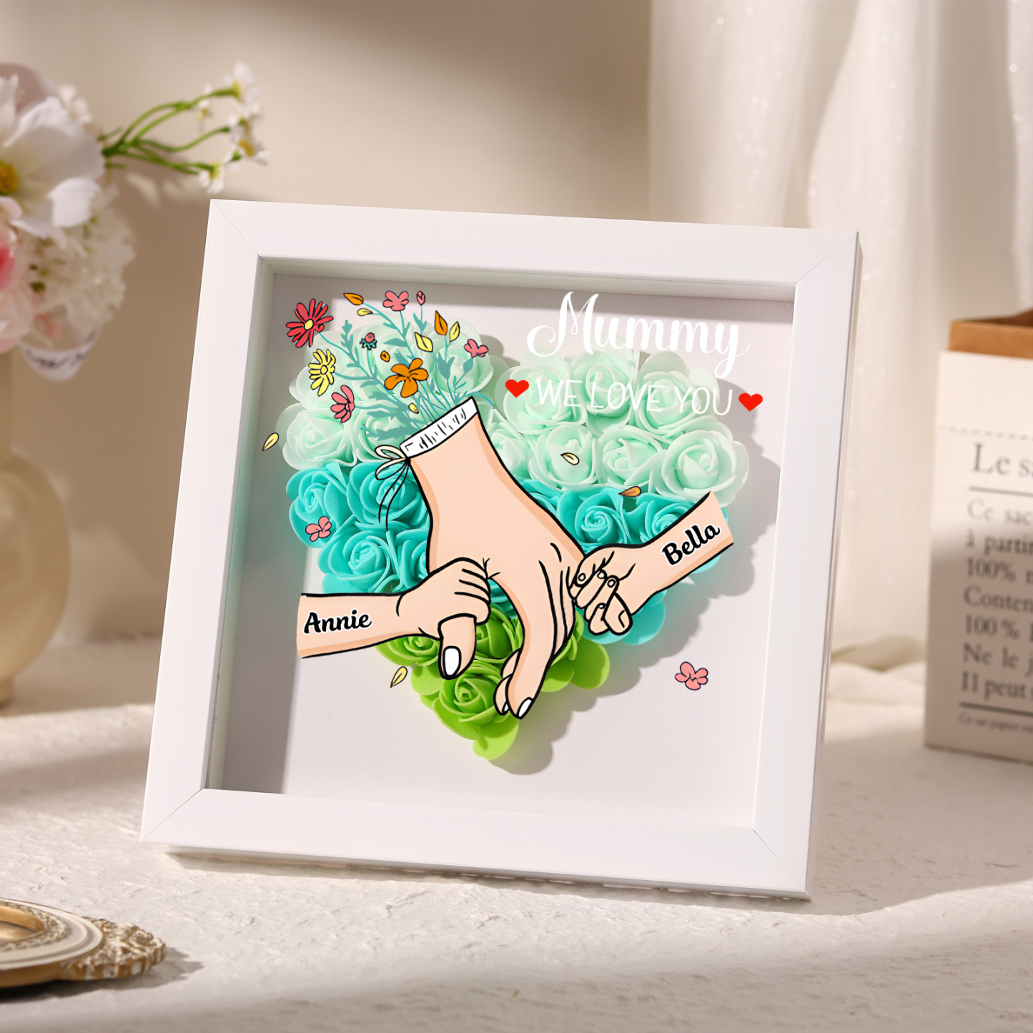 À Maman/Mamie - Cadre Photo Panneau de Densité La Main Dans La Main 2 Prénoms et 1 Texte Personnalisés 5 Couleurs Ornements Floral pour Famille | Jessemade