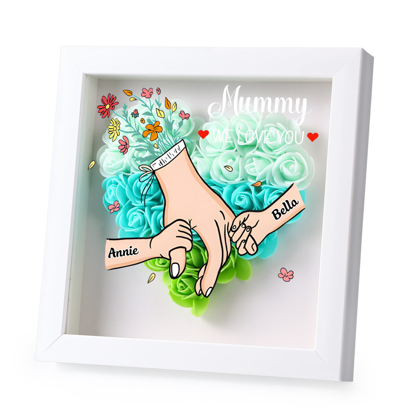À Maman/Mamie - Cadre Photo Panneau de Densité La Main Dans La Main 2 Prénoms et 1 Texte Personnalisés 5 Couleurs Ornements Floral pour Famille | Jessemade