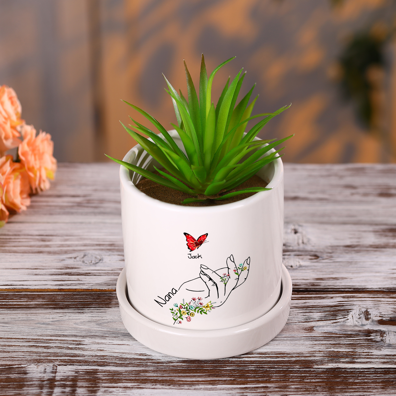 À Maman - Vase/Pot de Fleurs 1 Texte Personnalisé avec 1 Prénom Main Fleurie et Papillon Décoration de la Maison (sans plantes) | Jessemade