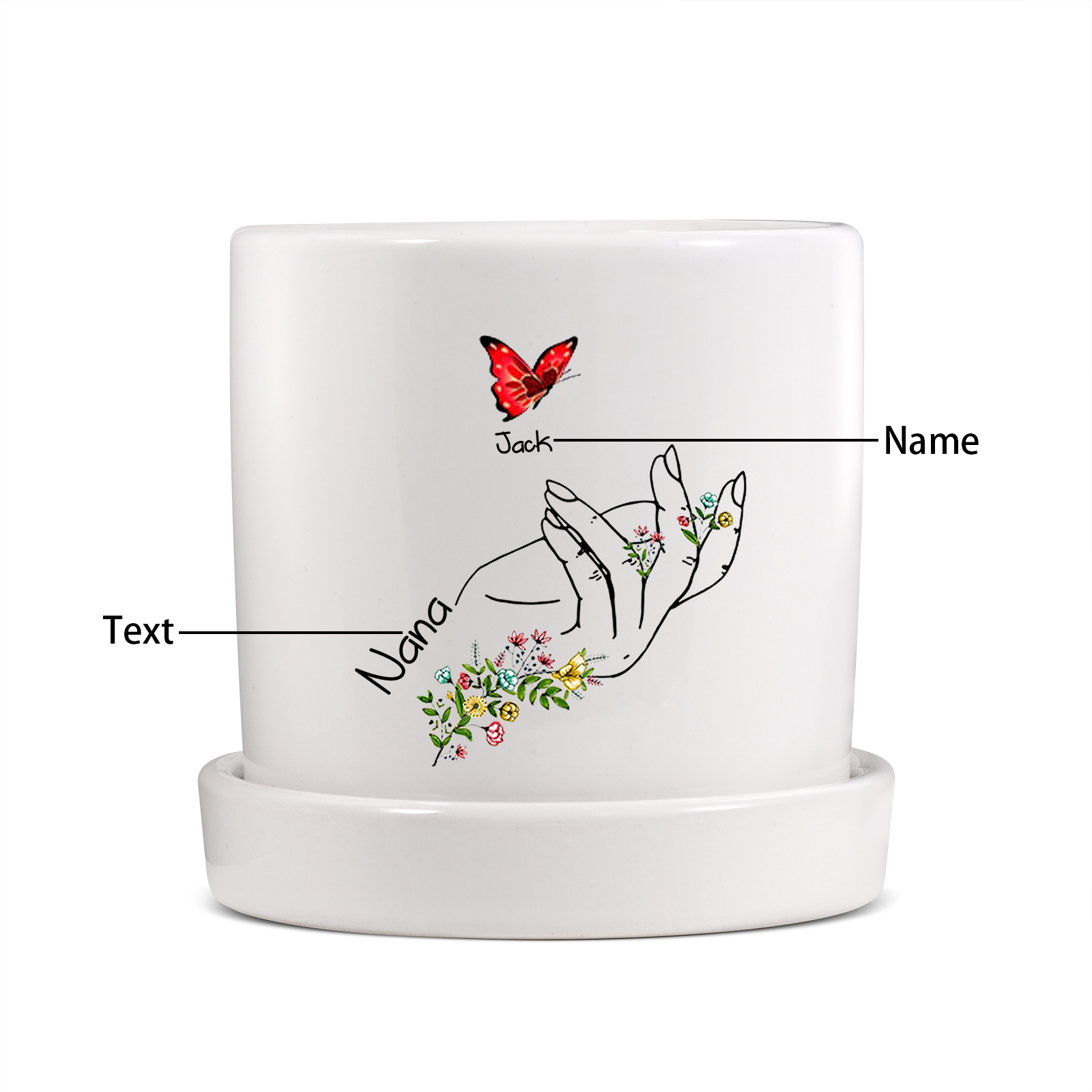 À Maman - Vase/Pot de Fleurs 1 Texte Personnalisé avec 1 Prénom Main Fleurie et Papillon Décoration de la Maison (sans plantes) | Jessemade