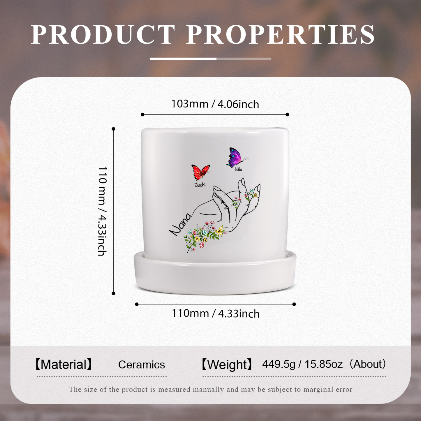 À Maman - Vase/Pot de Fleurs 1 Texte Personnalisé avec 2 Prénoms Main Fleurie et Papillon Décoration de la Maison (sans plantes) | Jessemade