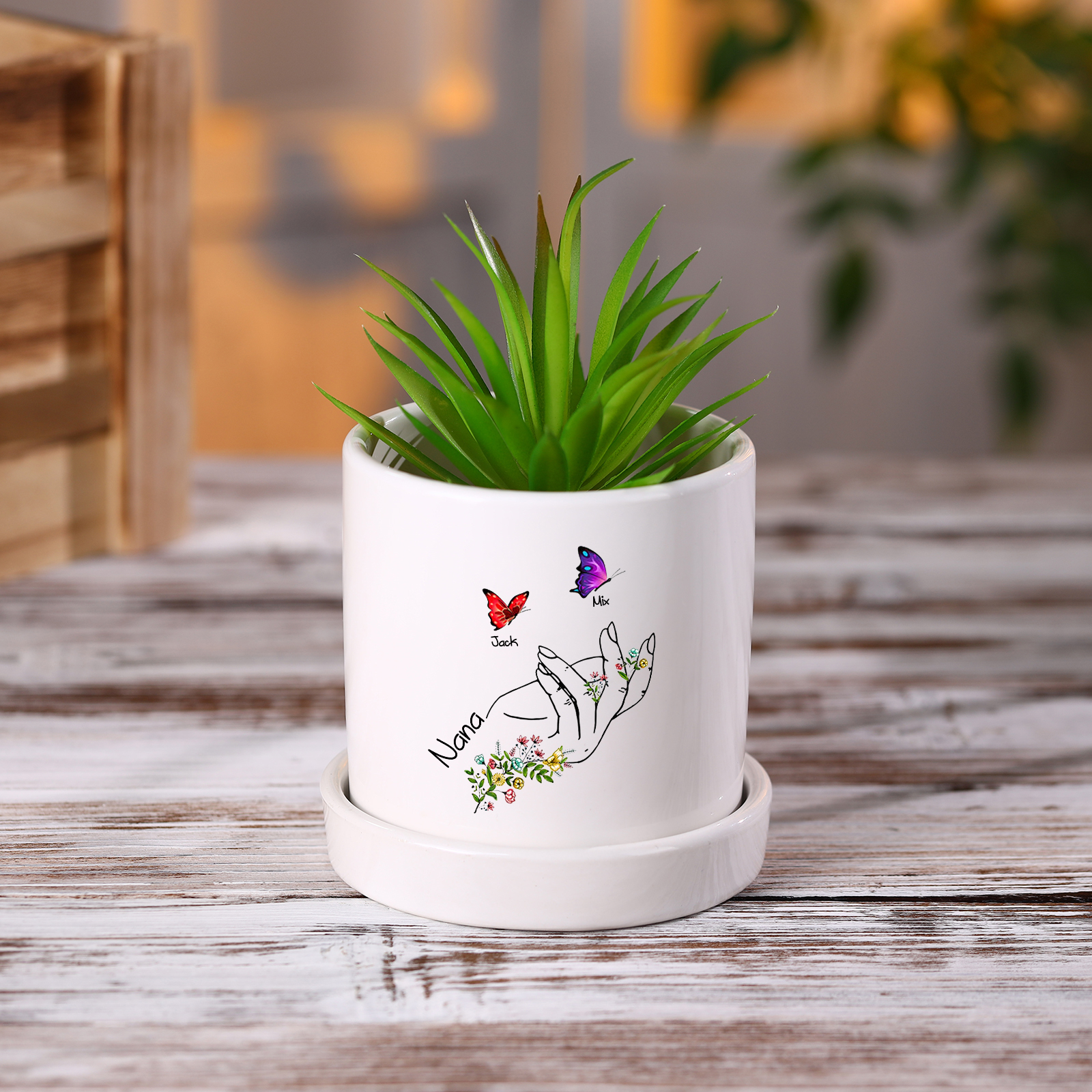 À Maman - Vase/Pot de Fleurs 1 Texte Personnalisé avec 2 Prénoms Main Fleurie et Papillon Décoration de la Maison (sans plantes) | Jessemade