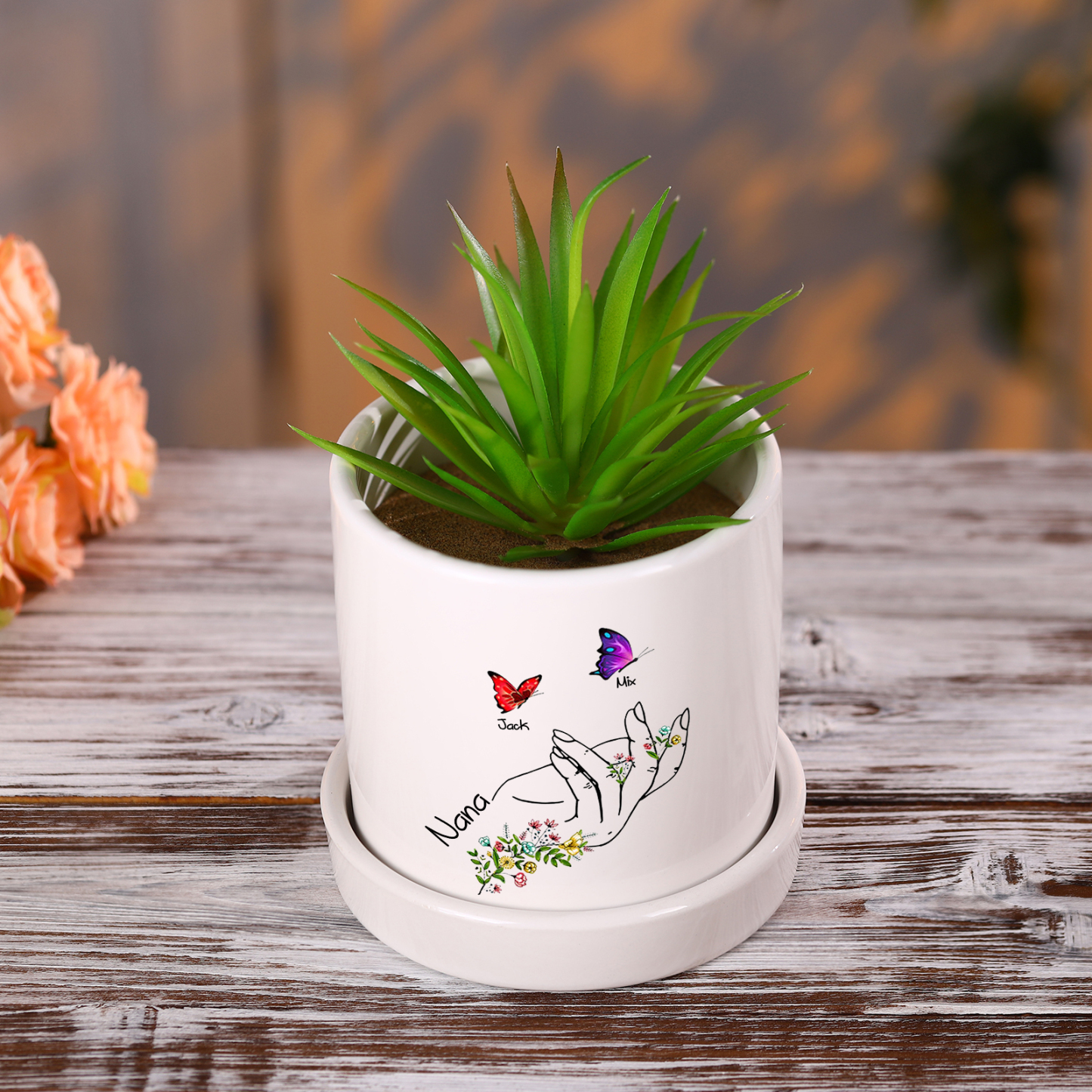 À Maman - Vase/Pot de Fleurs 1 Texte Personnalisé avec 2 Prénoms Main Fleurie et Papillon Décoration de la Maison (sans plantes) | Jessemade