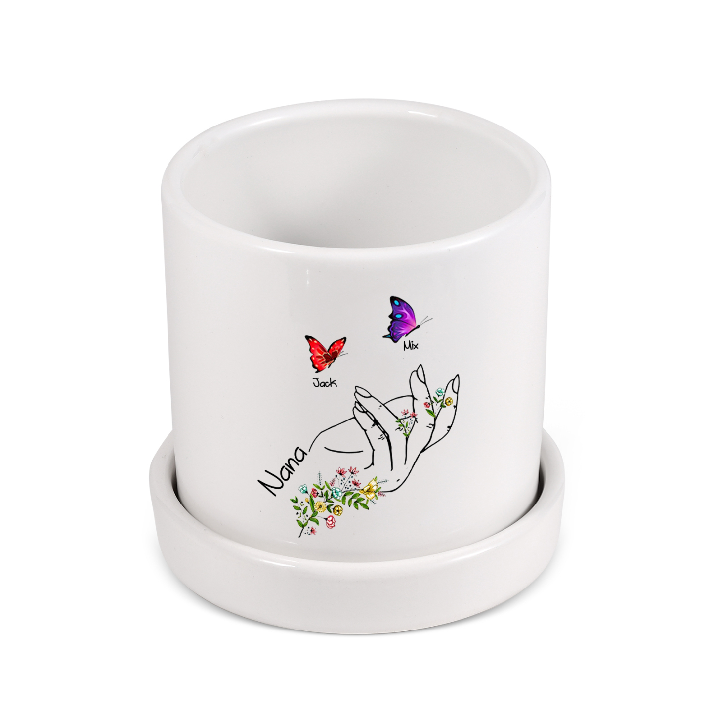 À Maman - Vase/Pot de Fleurs 1 Texte Personnalisé avec 2 Prénoms Main Fleurie et Papillon Décoration de la Maison (sans plantes) | Jessemade