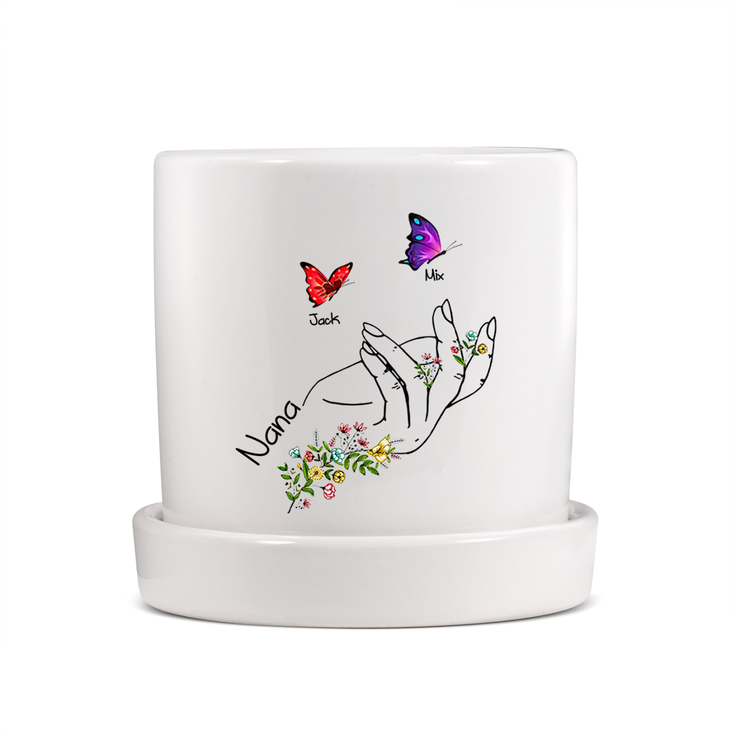 À Maman - Vase/Pot de Fleurs 1 Texte Personnalisé avec 2 Prénoms Main Fleurie et Papillon Décoration de la Maison (sans plantes) | Jessemade