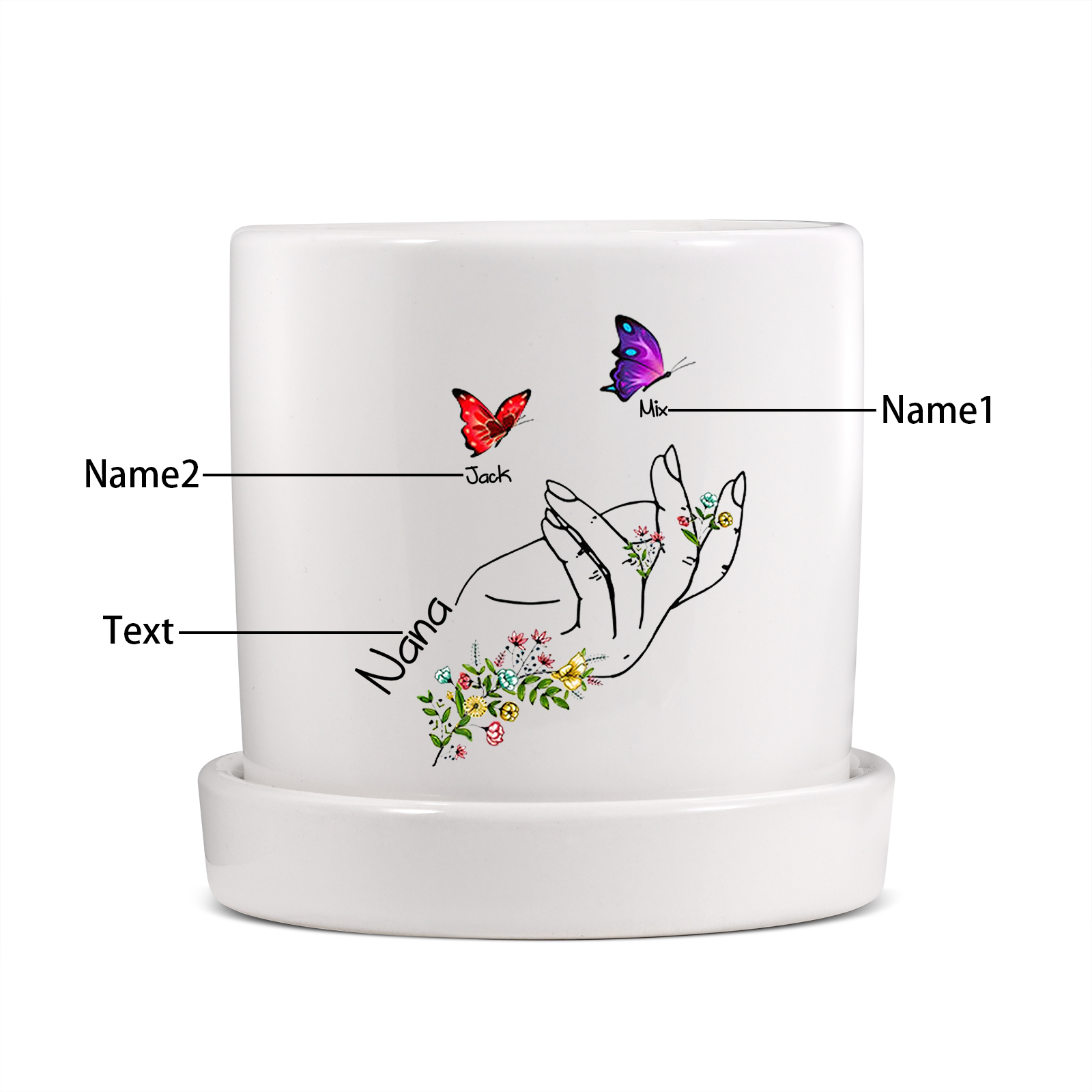 À Maman - Vase/Pot de Fleurs 1 Texte Personnalisé avec 2 Prénoms Main Fleurie et Papillon Décoration de la Maison (sans plantes) | Jessemade