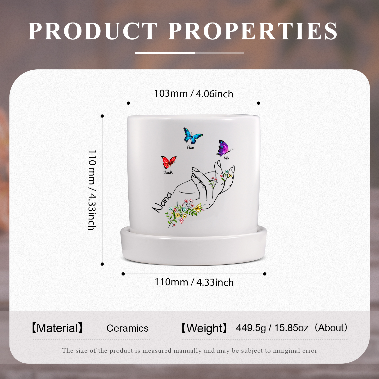 À Maman - Vase/Pot de Fleurs 1 Texte Personnalisé avec 3 Prénoms Main Fleurie et Papillon Décoration de la Maison (sans plantes) | Jessemade