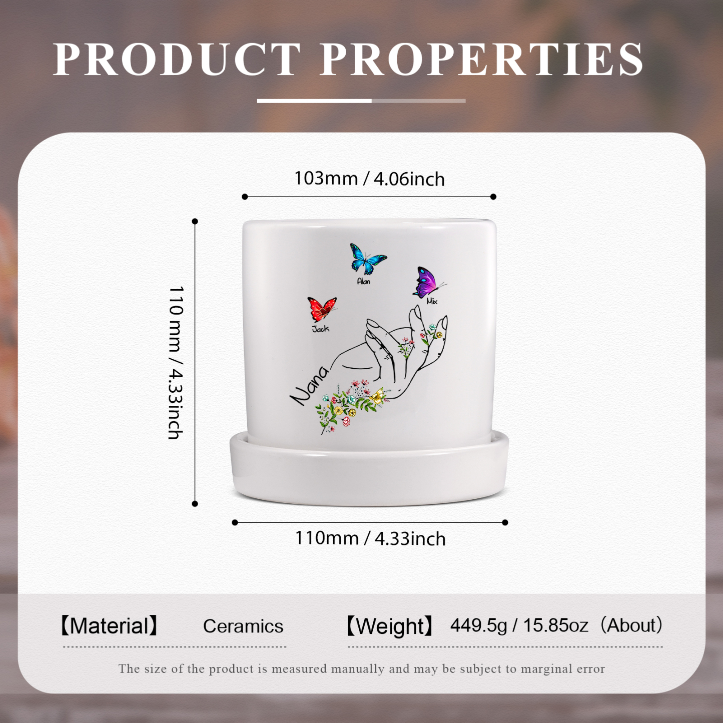 À Maman - Vase/Pot de Fleurs 1 Texte Personnalisé avec 3 Prénoms Main Fleurie et Papillon Décoration de la Maison (sans plantes) | Jessemade