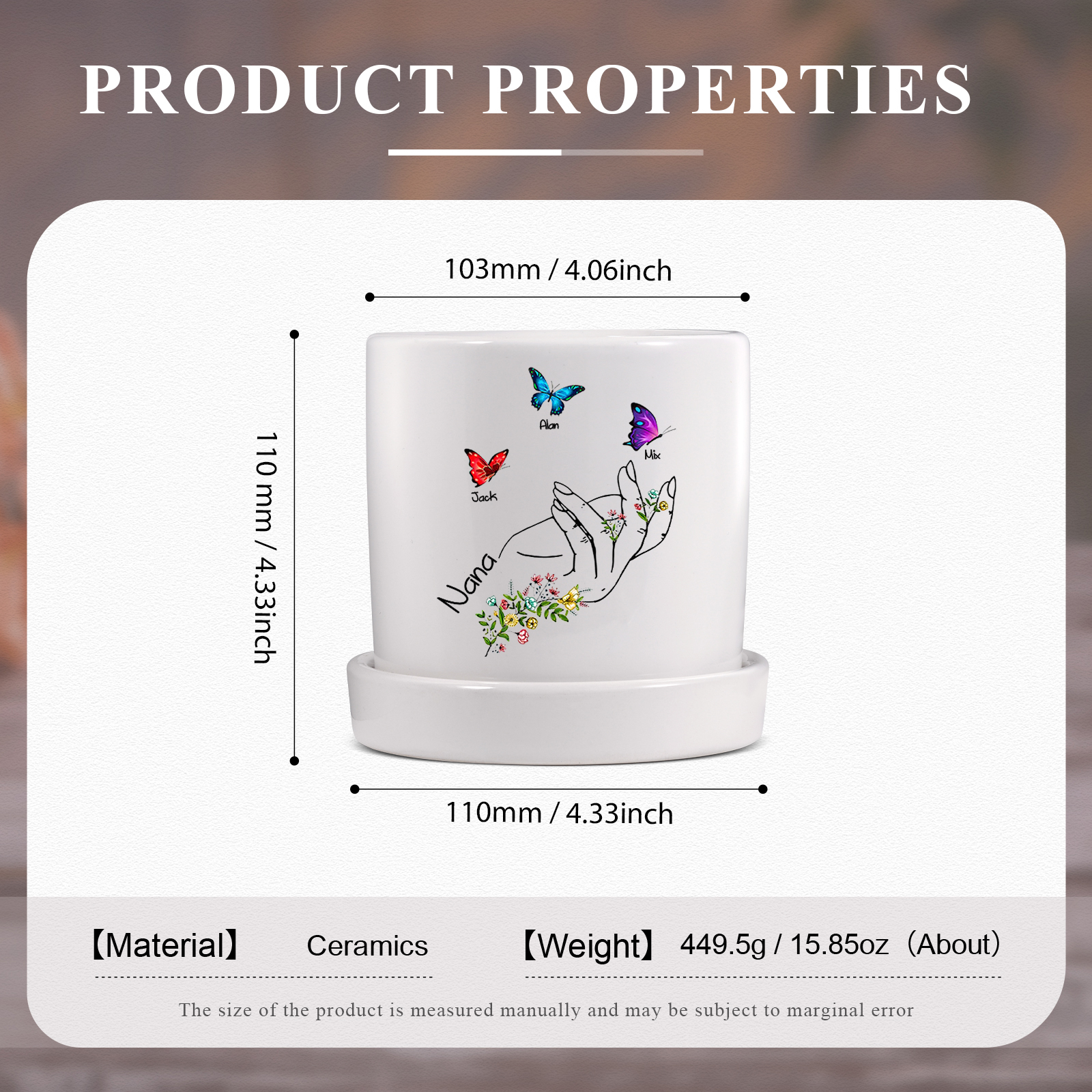 À Maman - Vase/Pot de Fleurs 1 Texte Personnalisé avec 3 Prénoms Main Fleurie et Papillon Décoration de la Maison (sans plantes) | Jessemade