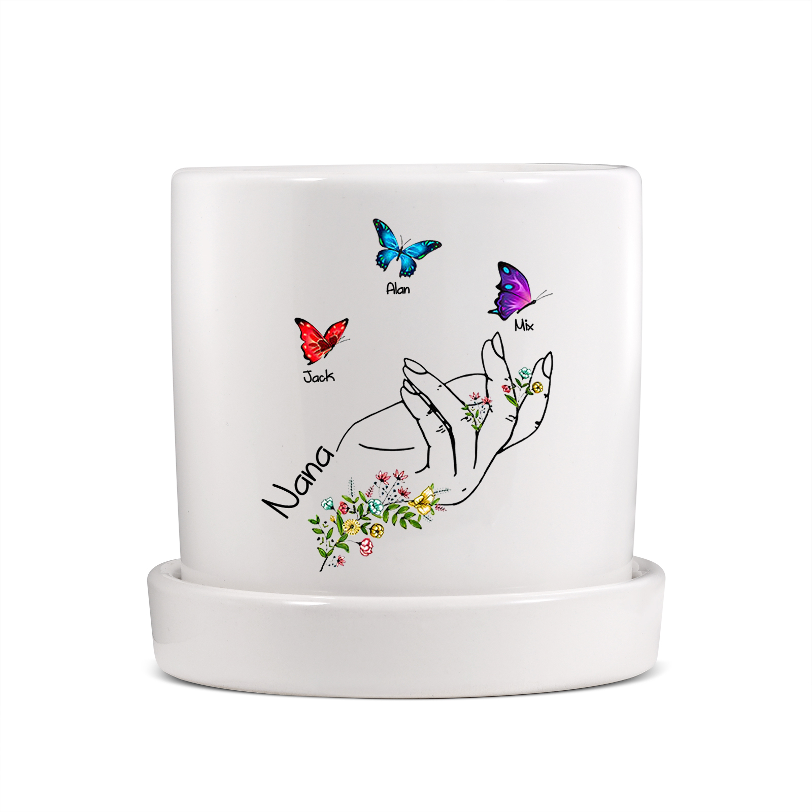 À Maman - Vase/Pot de Fleurs 1 Texte Personnalisé avec 3 Prénoms Main Fleurie et Papillon Décoration de la Maison (sans plantes) | Jessemade