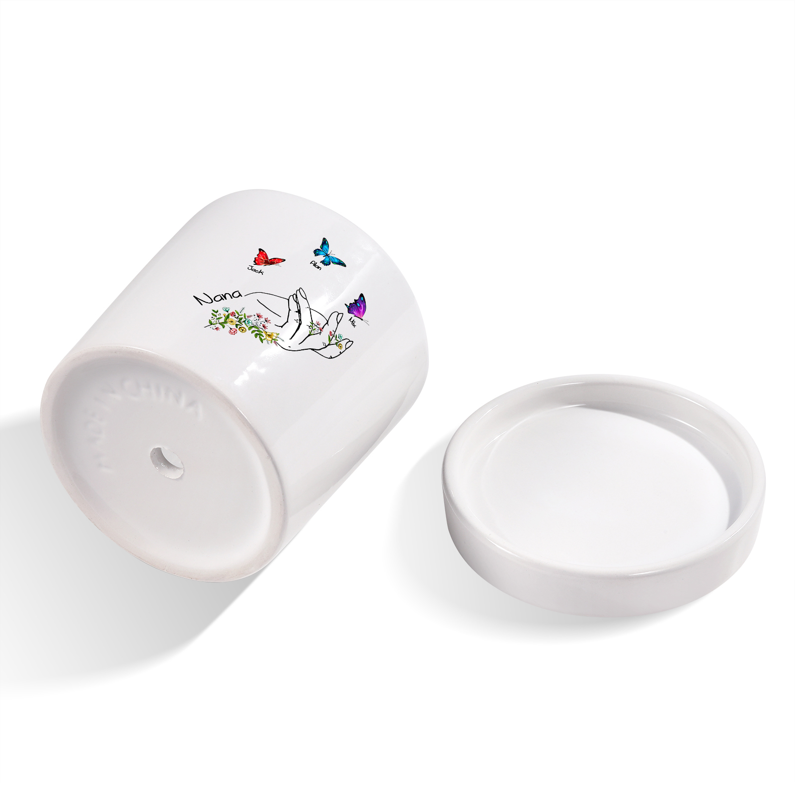 À Maman - Vase/Pot de Fleurs 1 Texte Personnalisé avec 3 Prénoms Main Fleurie et Papillon Décoration de la Maison (sans plantes) | Jessemade