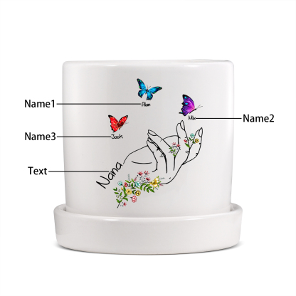À Maman - Vase/Pot de Fleurs 1 Texte Personnalisé avec 3 Prénoms Main Fleurie et Papillon Décoration de la Maison (sans plantes) | Jessemade