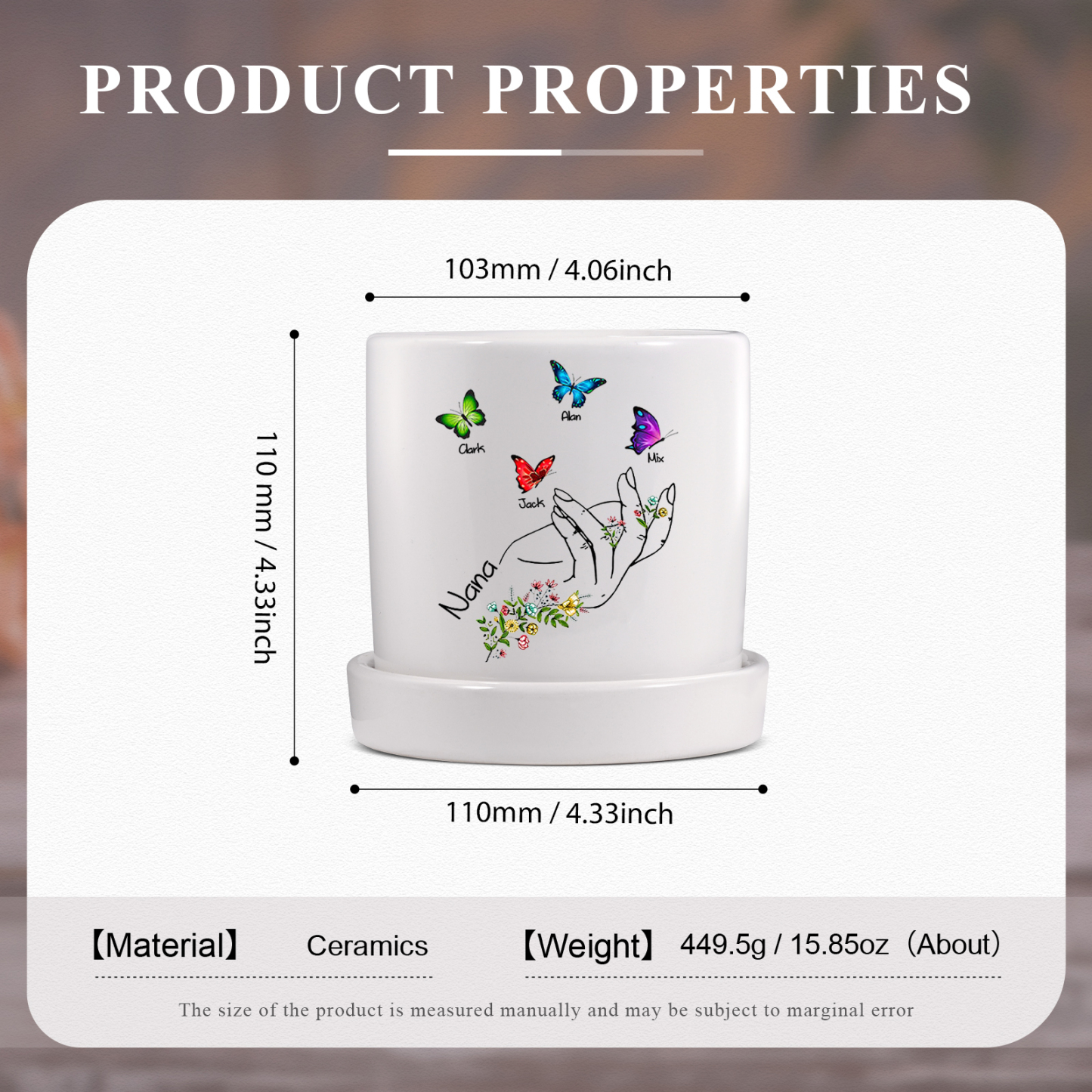 À Maman - Vase/Pot de Fleurs 1 Texte Personnalisé avec 4 Prénoms Main Fleurie et Papillon Décoration de la Maison (sans plantes) | Jessemade