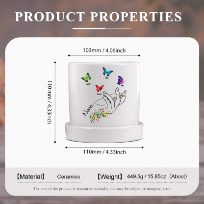 À Maman - Vase/Pot de Fleurs 1 Texte Personnalisé avec 4 Prénoms Main Fleurie et Papillon Décoration de la Maison (sans plantes) | Jessemade