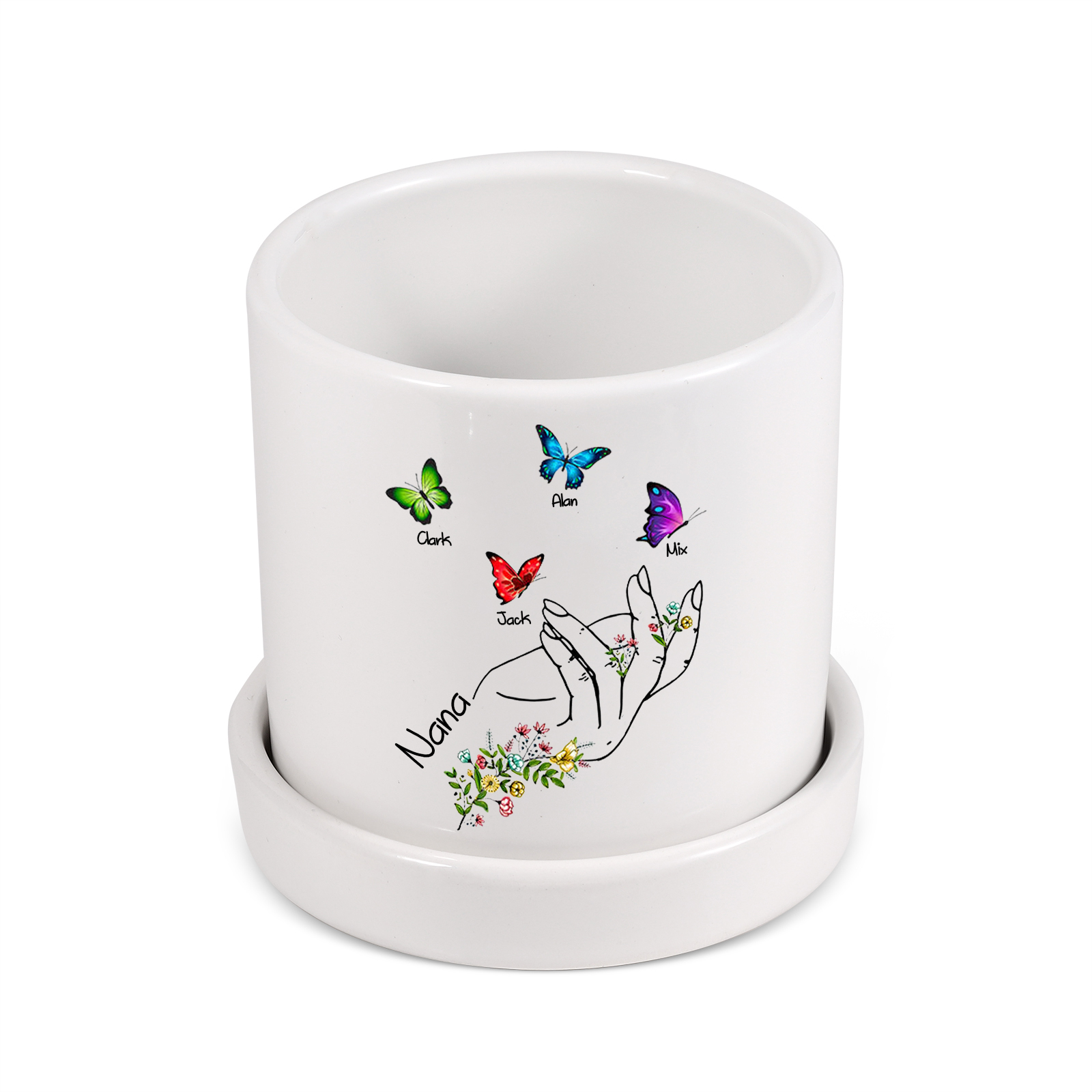 À Maman - Vase/Pot de Fleurs 1 Texte Personnalisé avec 4 Prénoms Main Fleurie et Papillon Décoration de la Maison (sans plantes) | Jessemade