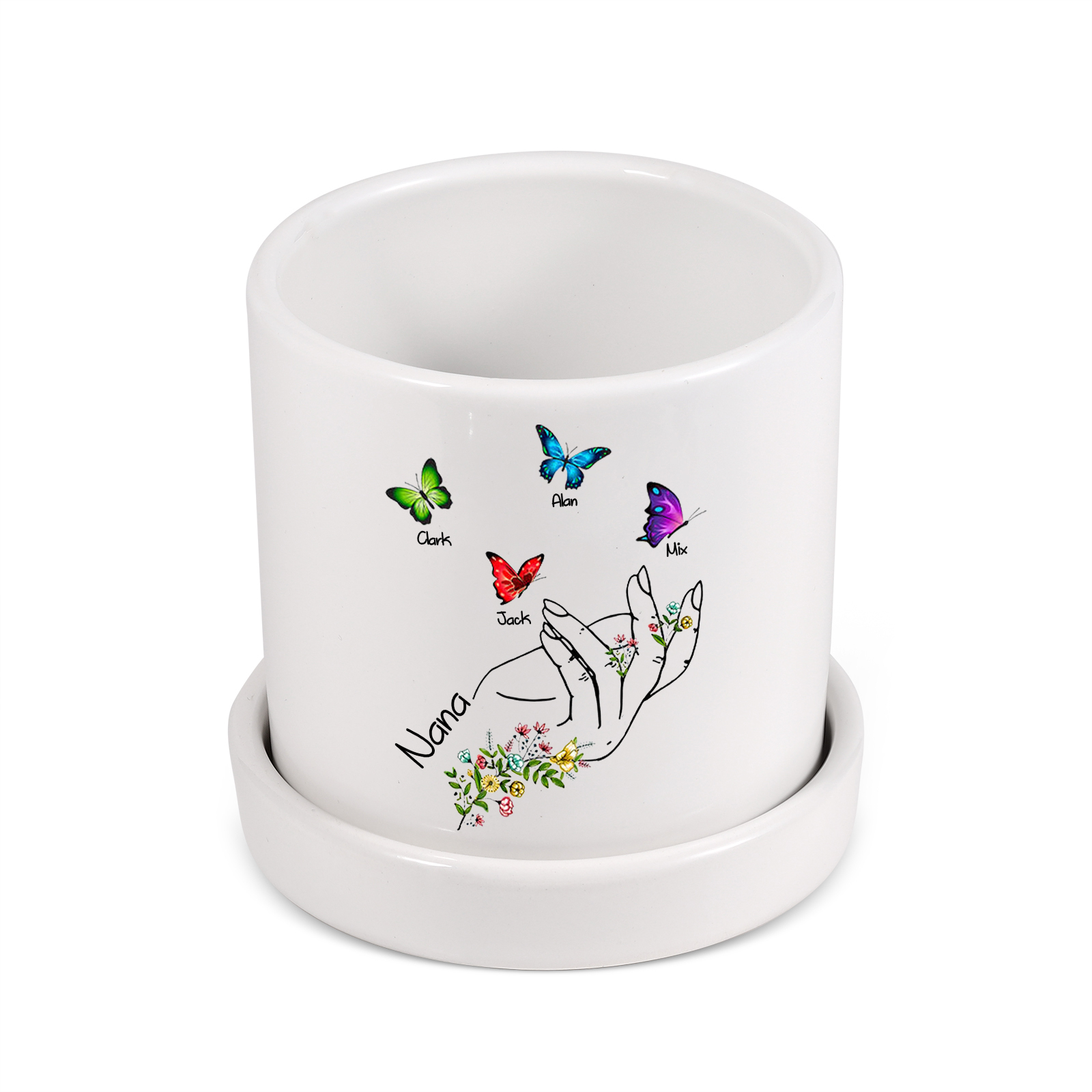 À Maman - Vase/Pot de Fleurs 1 Texte Personnalisé avec 4 Prénoms Main Fleurie et Papillon Décoration de la Maison (sans plantes) | Jessemade