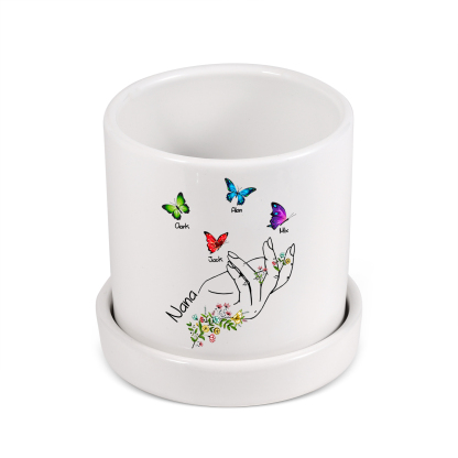 À Maman - Vase/Pot de Fleurs 1 Texte Personnalisé avec 4 Prénoms Main Fleurie et Papillon Décoration de la Maison (sans plantes) | Jessemade