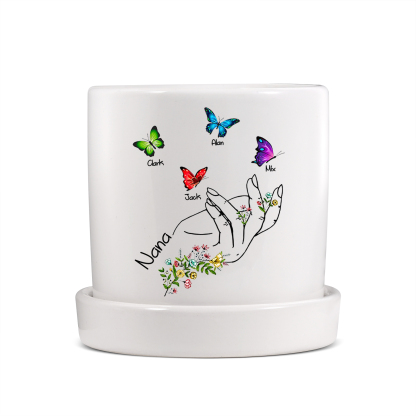 À Maman - Vase/Pot de Fleurs 1 Texte Personnalisé avec 4 Prénoms Main Fleurie et Papillon Décoration de la Maison (sans plantes) | Jessemade