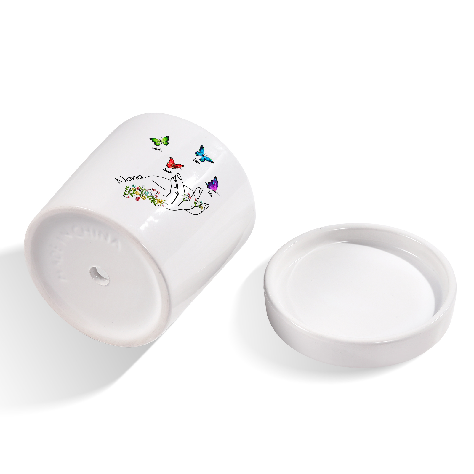 À Maman - Vase/Pot de Fleurs 1 Texte Personnalisé avec 4 Prénoms Main Fleurie et Papillon Décoration de la Maison (sans plantes) | Jessemade