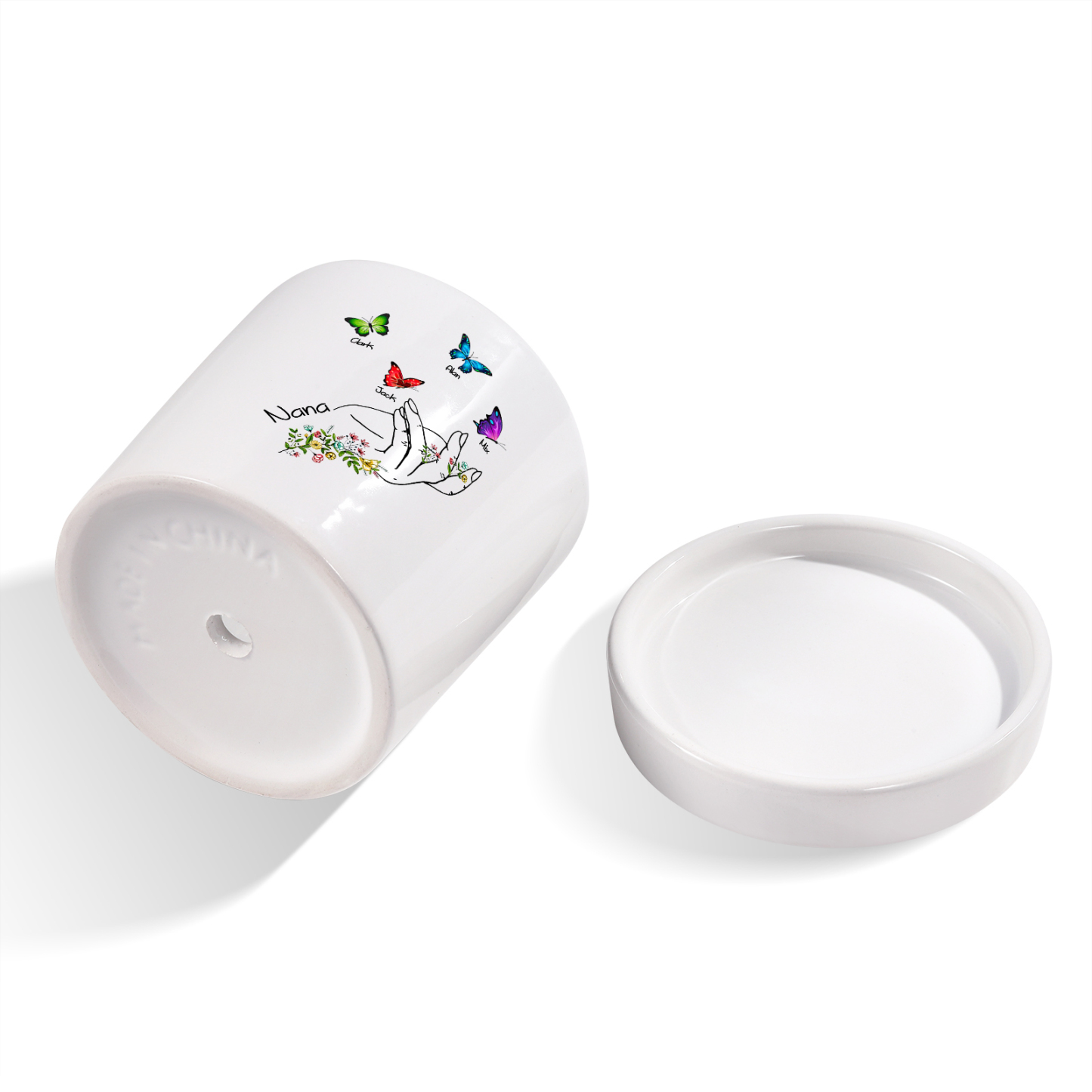 À Maman - Vase/Pot de Fleurs 1 Texte Personnalisé avec 4 Prénoms Main Fleurie et Papillon Décoration de la Maison (sans plantes) | Jessemade