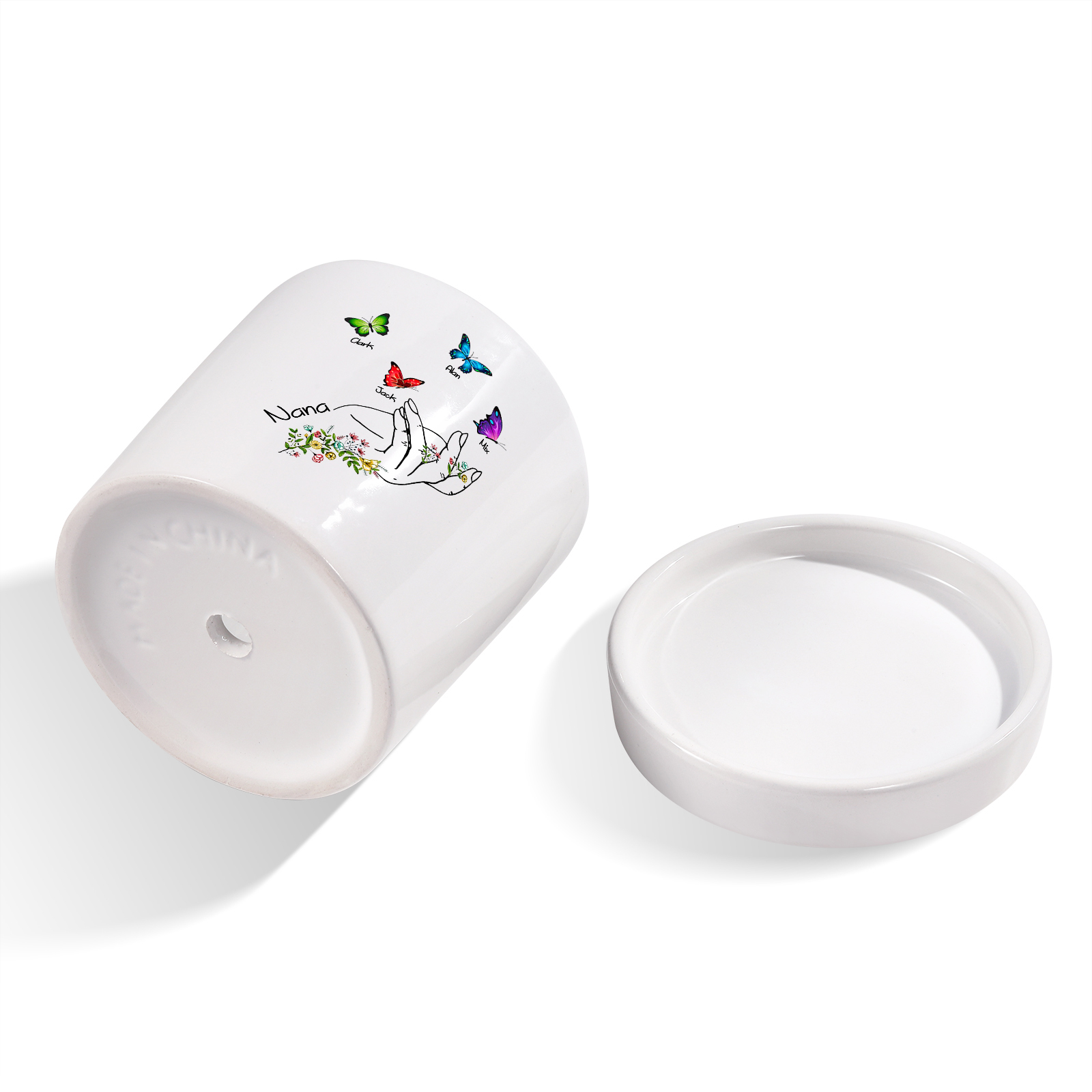 À Maman - Vase/Pot de Fleurs 1 Texte Personnalisé avec 4 Prénoms Main Fleurie et Papillon Décoration de la Maison (sans plantes) | Jessemade