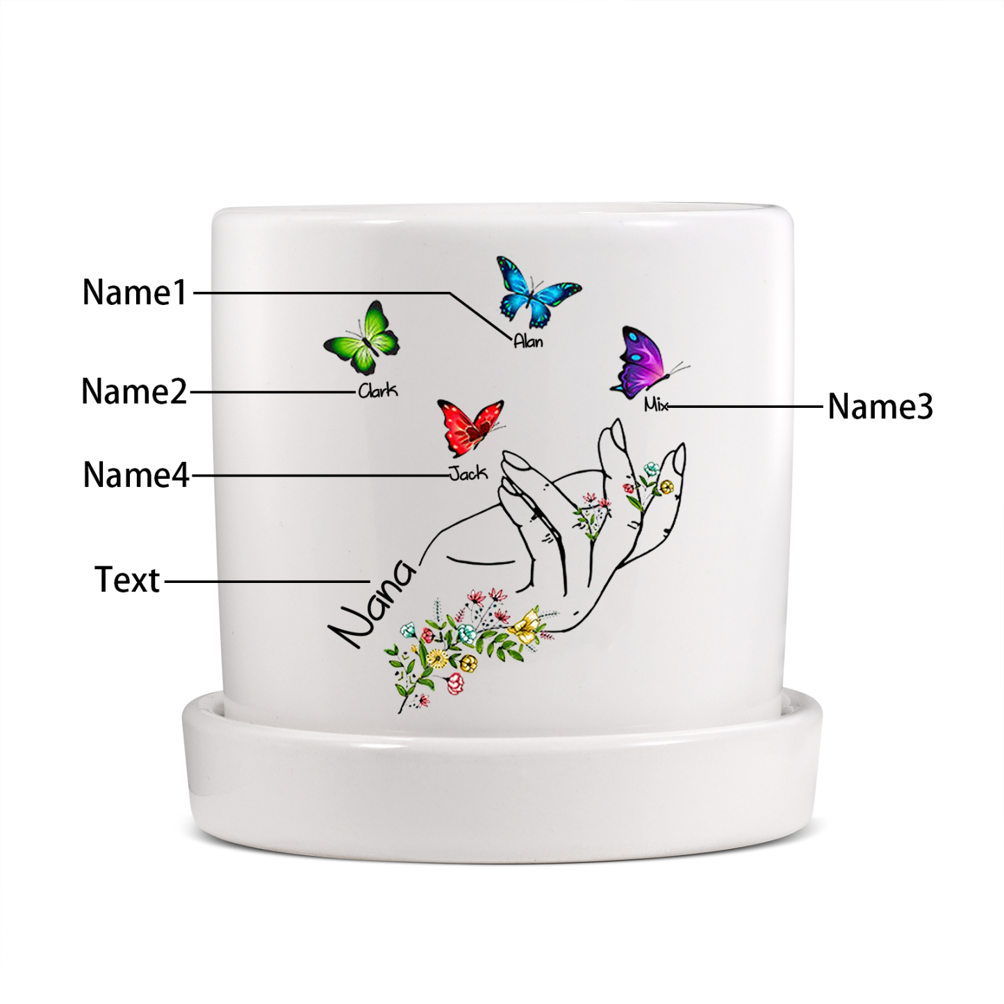 À Maman - Vase/Pot de Fleurs 1 Texte Personnalisé avec 4 Prénoms Main Fleurie et Papillon Décoration de la Maison (sans plantes) | Jessemade