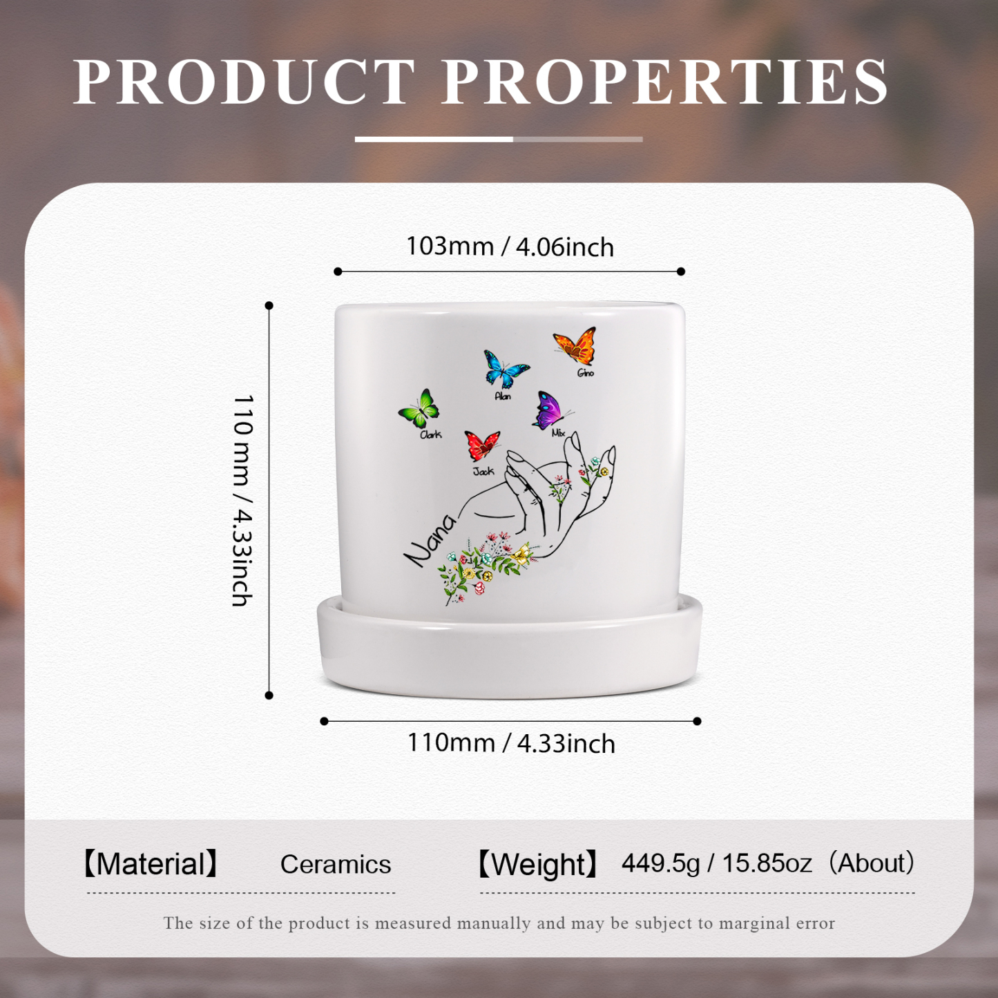 À Maman - Vase/Pot de Fleurs 1 Texte Personnalisé avec 5 Prénoms Main Fleurie et Papillon Décoration de la Maison (sans plantes) | Jessemade