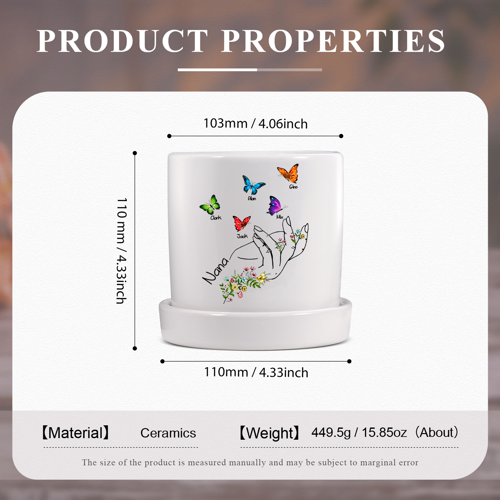 À Maman - Vase/Pot de Fleurs 1 Texte Personnalisé avec 5 Prénoms Main Fleurie et Papillon Décoration de la Maison (sans plantes) | Jessemade