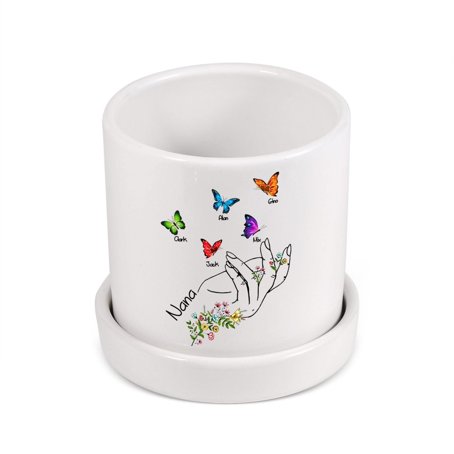 À Maman - Vase/Pot de Fleurs 1 Texte Personnalisé avec 5 Prénoms Main Fleurie et Papillon Décoration de la Maison (sans plantes) | Jessemade