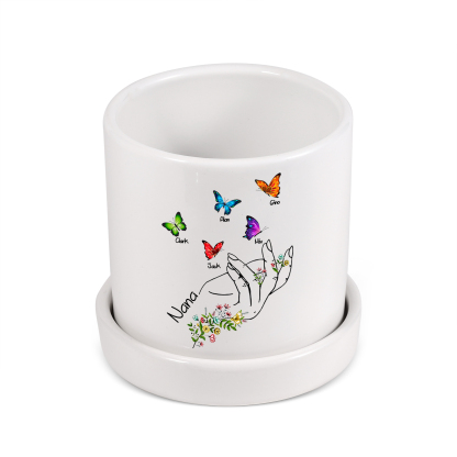 À Maman - Vase/Pot de Fleurs 1 Texte Personnalisé avec 5 Prénoms Main Fleurie et Papillon Décoration de la Maison (sans plantes) | Jessemade