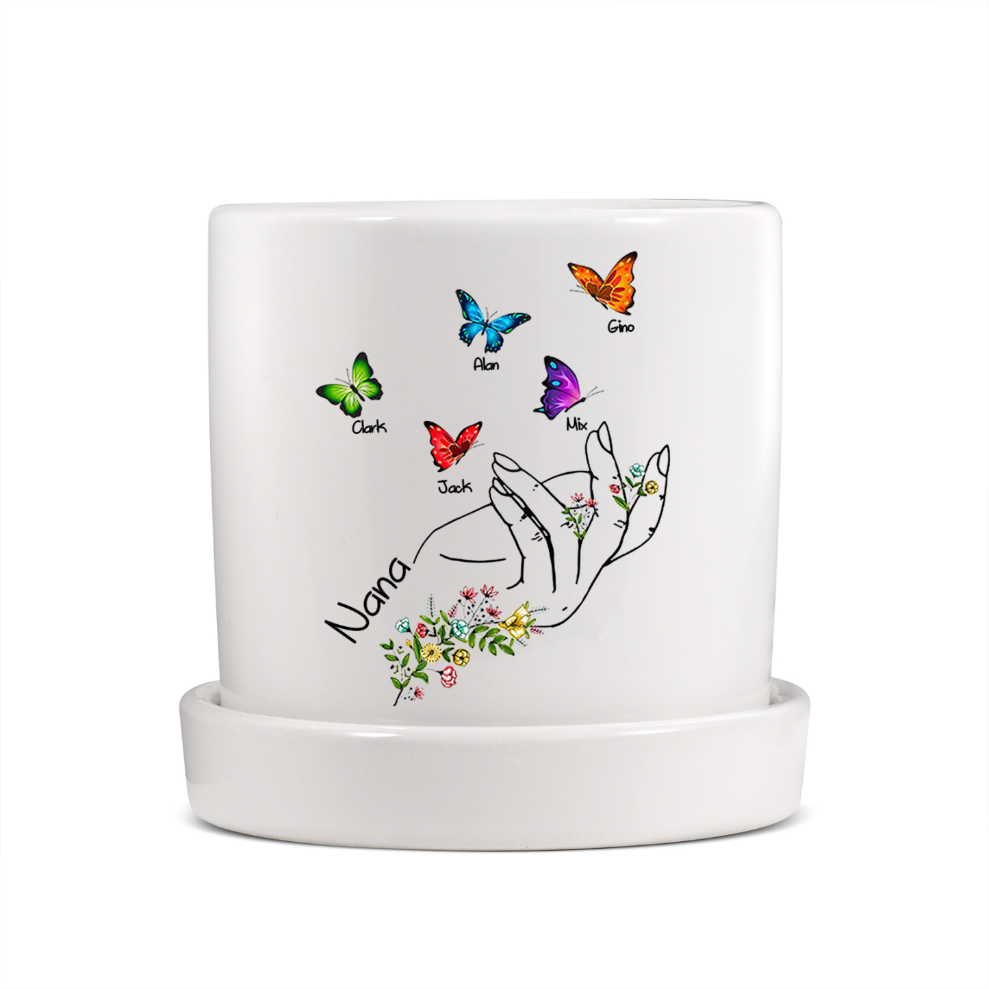 À Maman - Vase/Pot de Fleurs 1 Texte Personnalisé avec 5 Prénoms Main Fleurie et Papillon Décoration de la Maison (sans plantes) | Jessemade