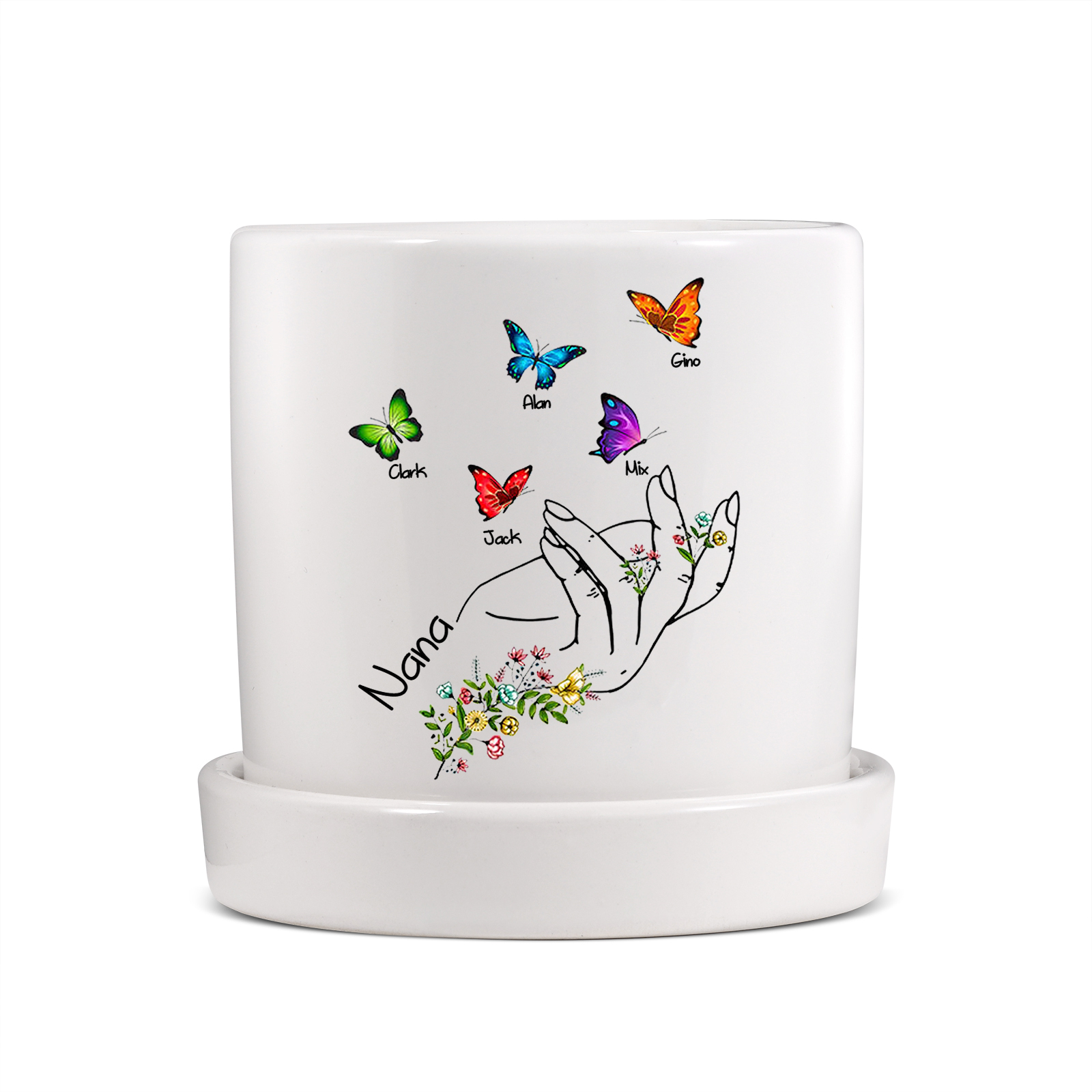 À Maman - Vase/Pot de Fleurs 1 Texte Personnalisé avec 5 Prénoms Main Fleurie et Papillon Décoration de la Maison (sans plantes) | Jessemade