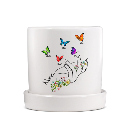 À Maman - Vase/Pot de Fleurs 1 Texte Personnalisé avec 5 Prénoms Main Fleurie et Papillon Décoration de la Maison (sans plantes) | Jessemade
