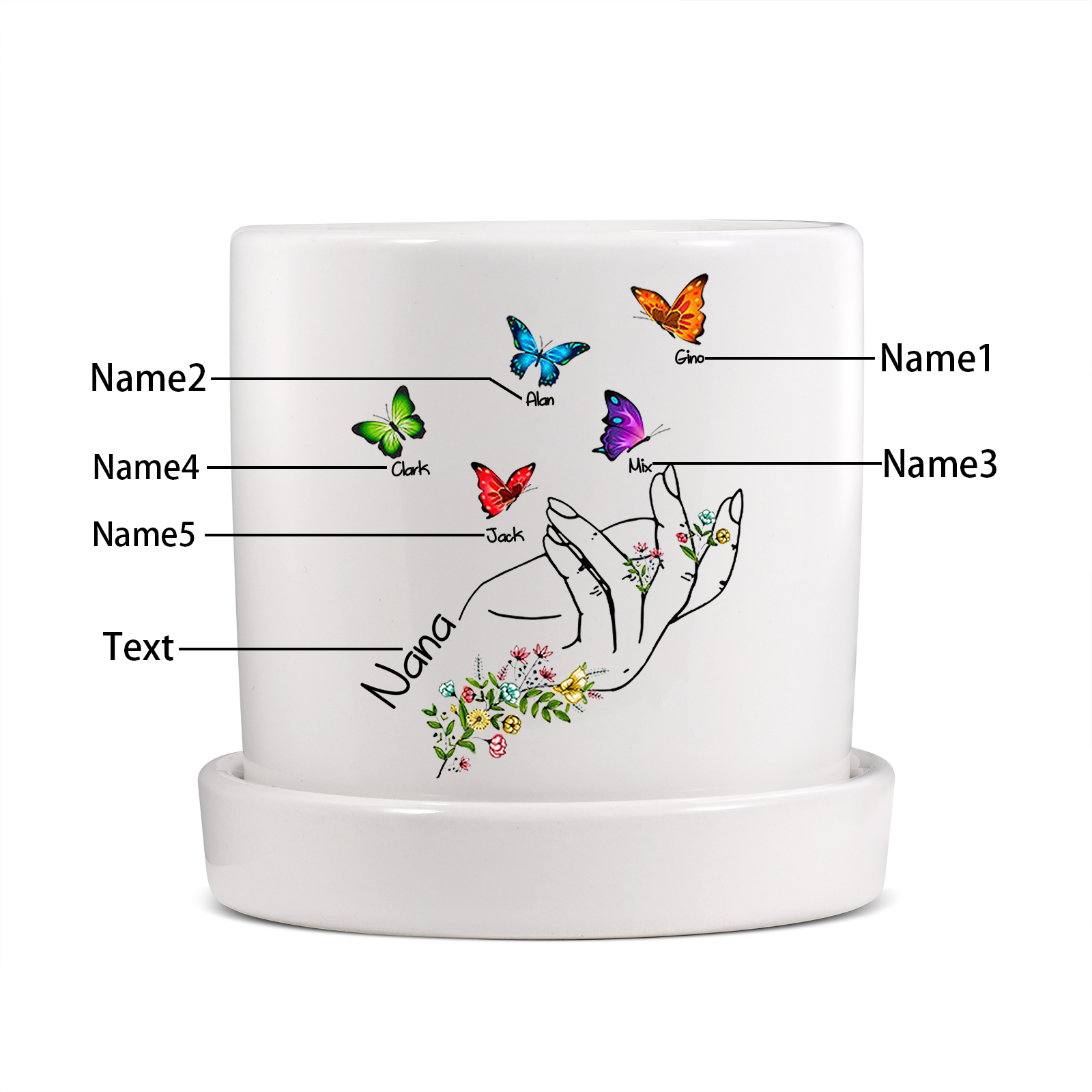 À Maman - Vase/Pot de Fleurs 1 Texte Personnalisé avec 5 Prénoms Main Fleurie et Papillon Décoration de la Maison (sans plantes) | Jessemade