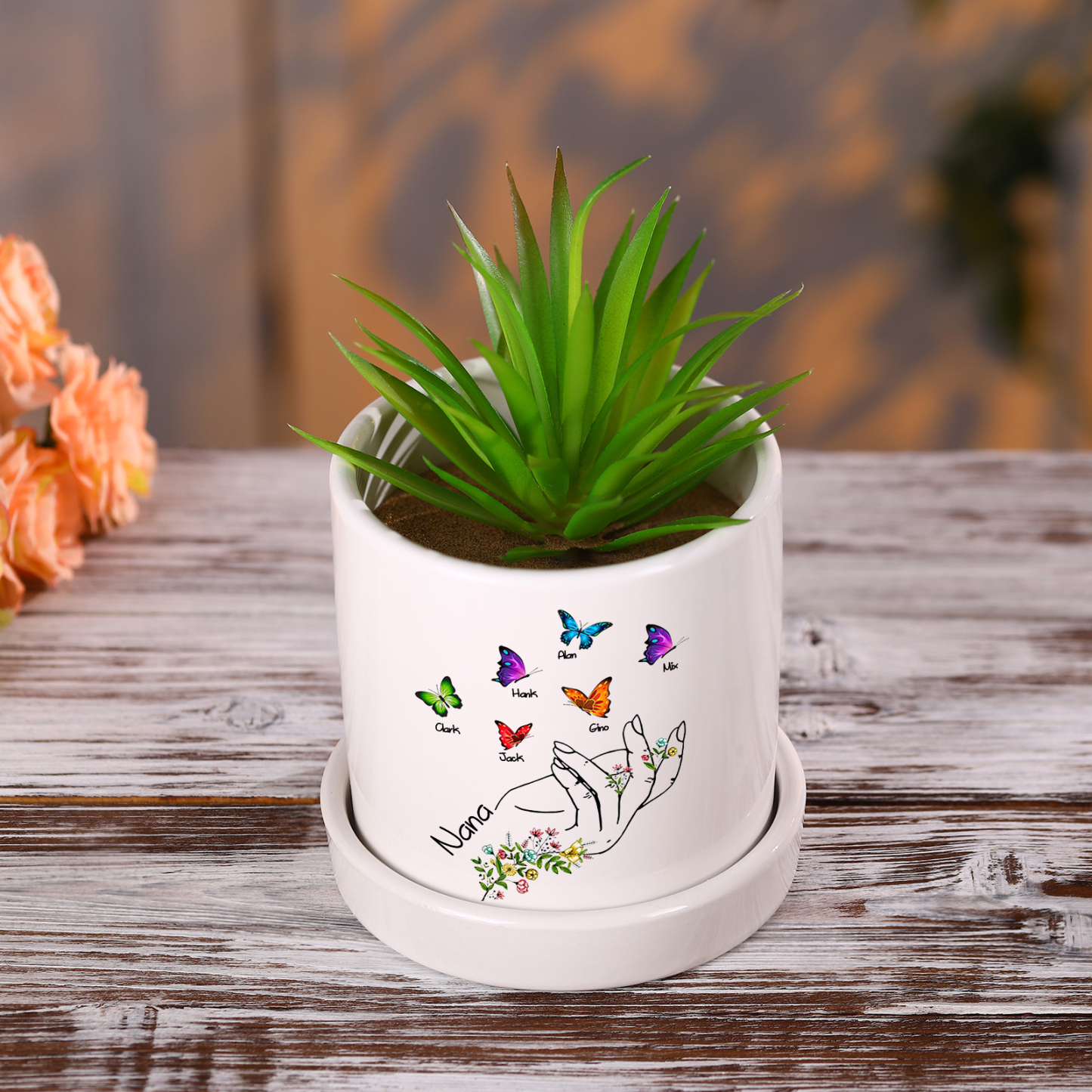 À Maman - Vase/Pot de Fleurs 1 Texte Personnalisé avec 6 Prénoms Main Fleurie et Papillon Décoration de la Maison (sans plantes) | Jessemade