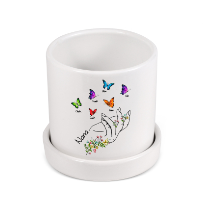À Maman - Vase/Pot de Fleurs 1 Texte Personnalisé avec 6 Prénoms Main Fleurie et Papillon Décoration de la Maison (sans plantes) | Jessemade