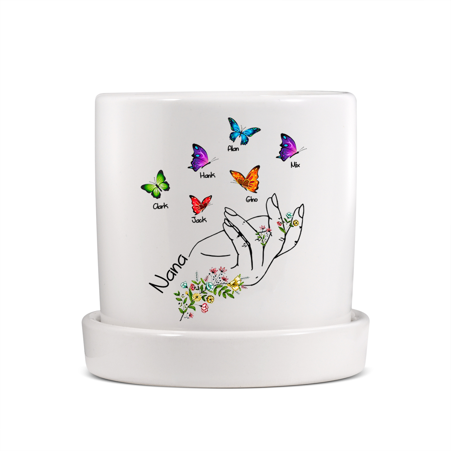 À Maman - Vase/Pot de Fleurs 1 Texte Personnalisé avec 6 Prénoms Main Fleurie et Papillon Décoration de la Maison (sans plantes) | Jessemade