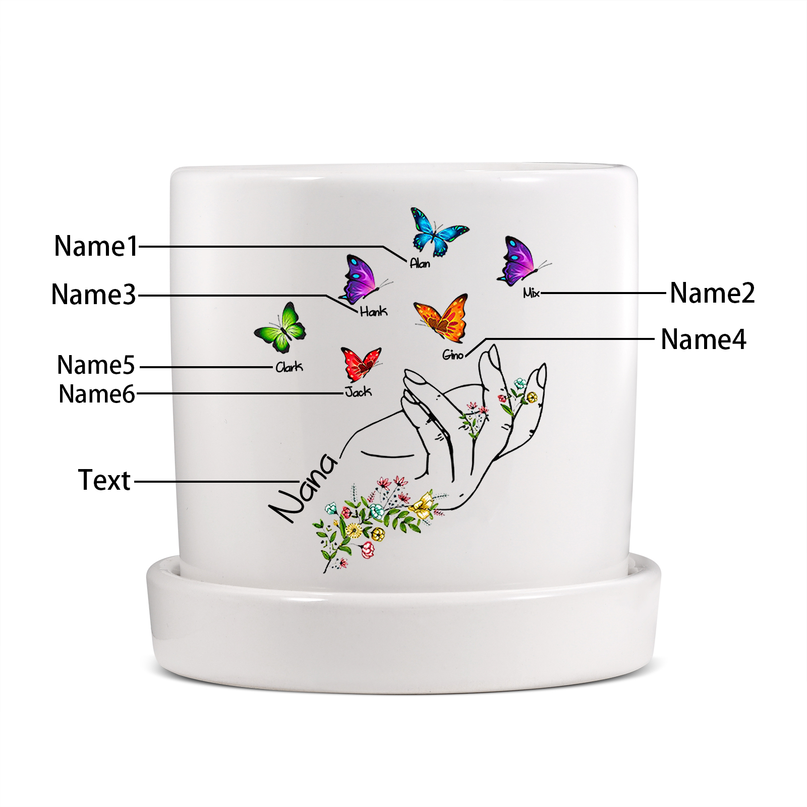 À Maman - Vase/Pot de Fleurs 1 Texte Personnalisé avec 6 Prénoms Main Fleurie et Papillon Décoration de la Maison (sans plantes) | Jessemade