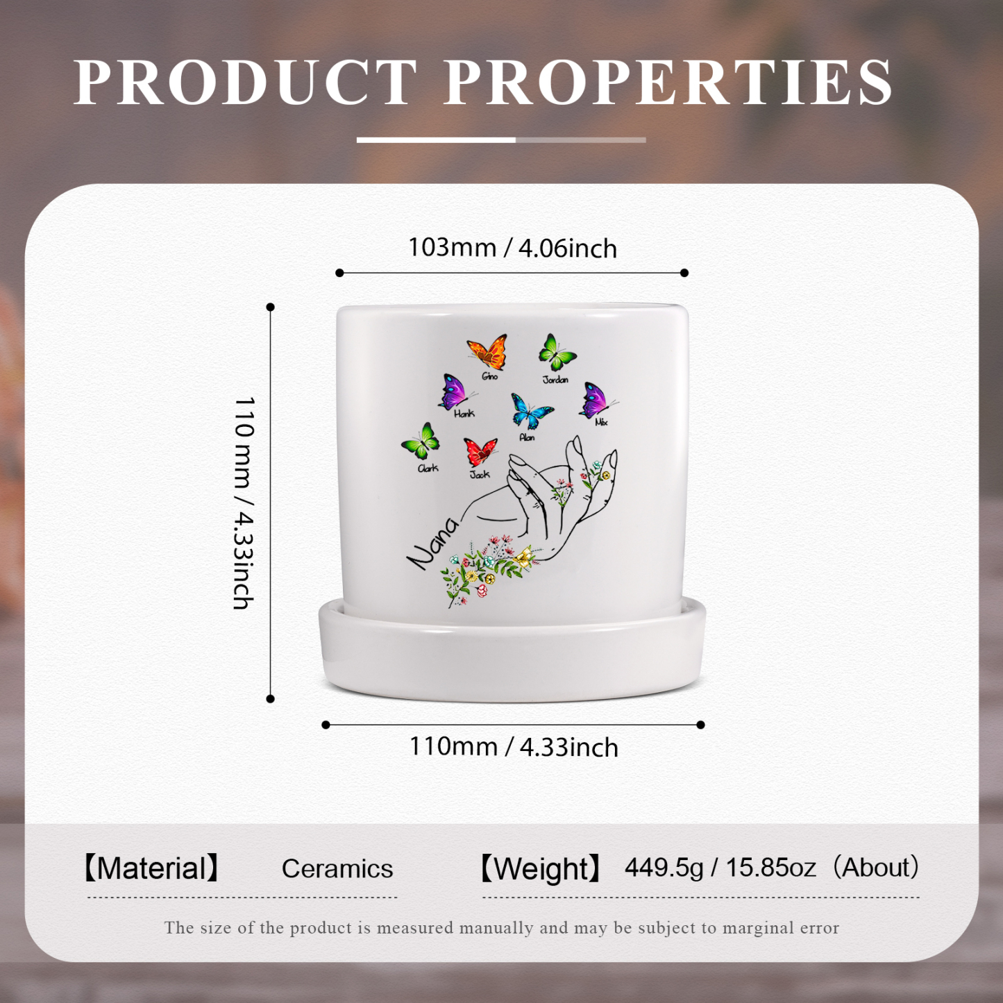 À Maman - Vase/Pot de Fleurs 1 Texte Personnalisé avec 7 Prénoms Main Fleurie et Papillon Décoration de la Maison (sans plantes) | Jessemade