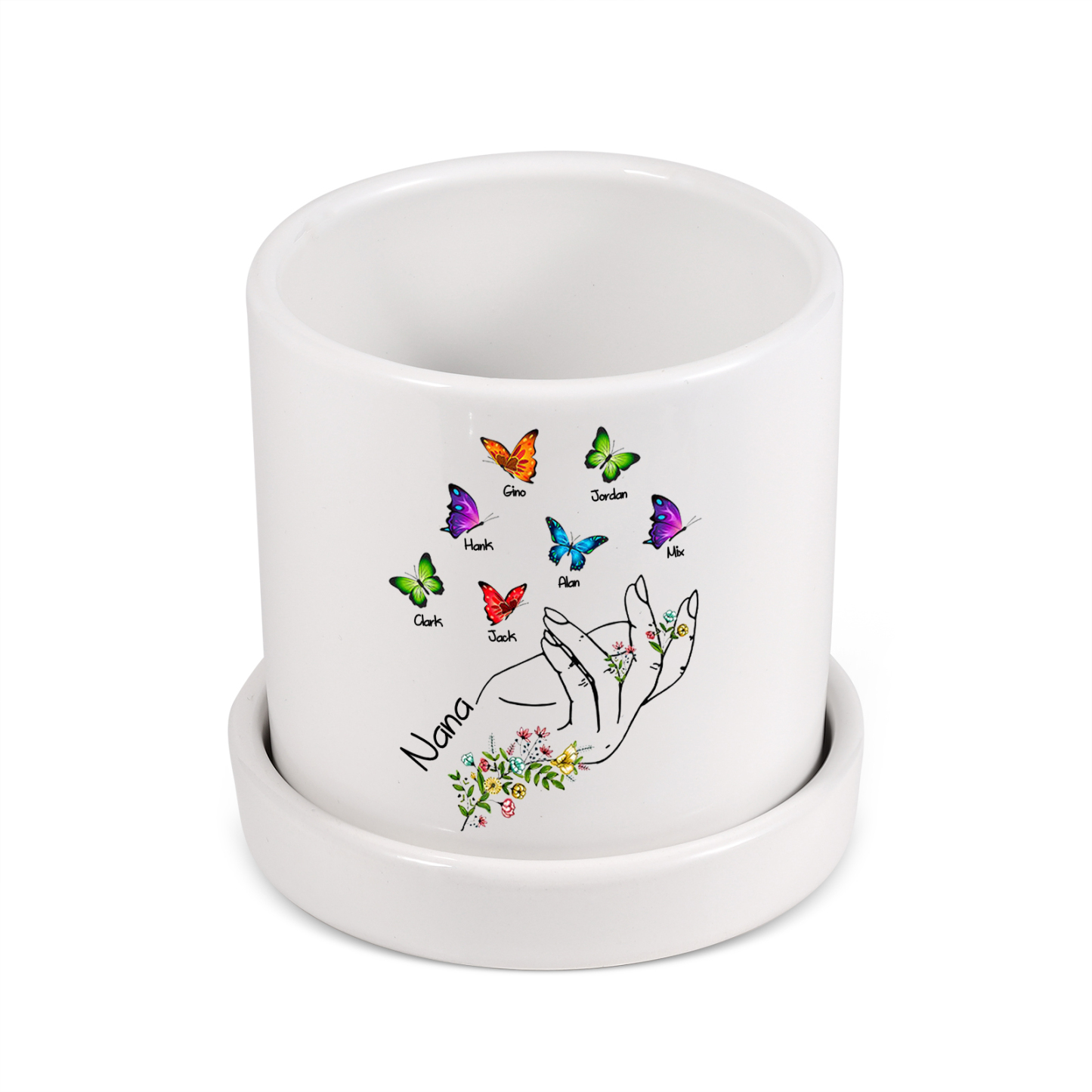 À Maman - Vase/Pot de Fleurs 1 Texte Personnalisé avec 7 Prénoms Main Fleurie et Papillon Décoration de la Maison (sans plantes) | Jessemade