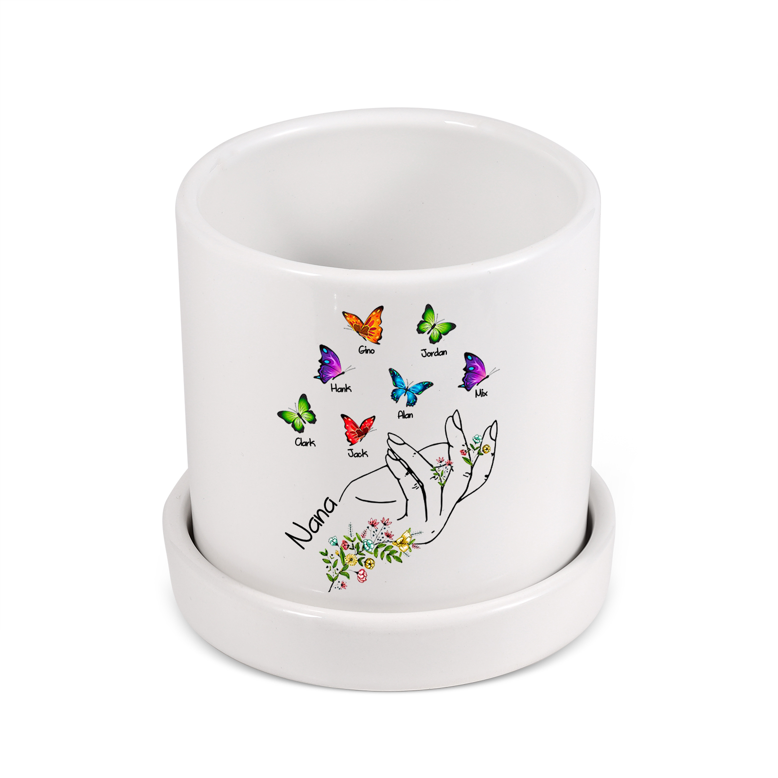 À Maman - Vase/Pot de Fleurs 1 Texte Personnalisé avec 7 Prénoms Main Fleurie et Papillon Décoration de la Maison (sans plantes) | Jessemade