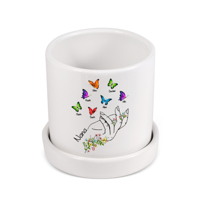 À Maman - Vase/Pot de Fleurs 1 Texte Personnalisé avec 7 Prénoms Main Fleurie et Papillon Décoration de la Maison (sans plantes) | Jessemade
