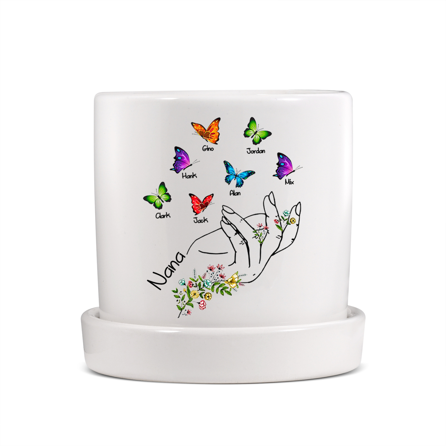 À Maman - Vase/Pot de Fleurs 1 Texte Personnalisé avec 7 Prénoms Main Fleurie et Papillon Décoration de la Maison (sans plantes) | Jessemade