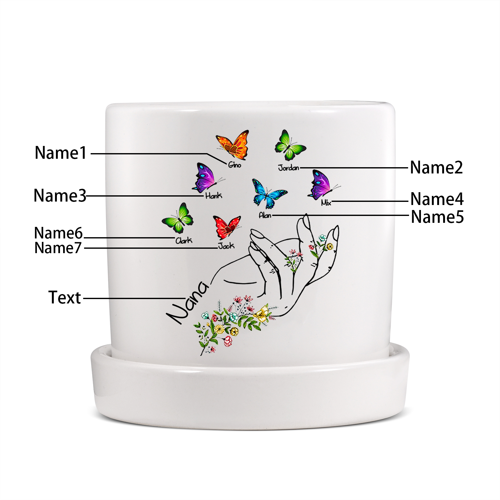 À Maman - Vase/Pot de Fleurs 1 Texte Personnalisé avec 7 Prénoms Main Fleurie et Papillon Décoration de la Maison (sans plantes) | Jessemade