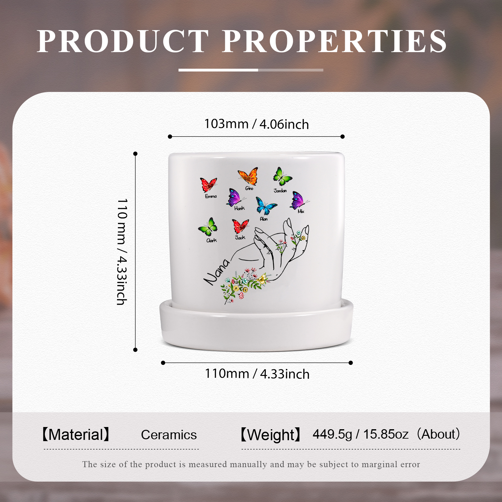 À Maman - Vase/Pot de Fleurs 1 Texte Personnalisé avec 8 Prénoms Main Fleurie et Papillons Décoration de la Maison (sans plantes) | Jessemade