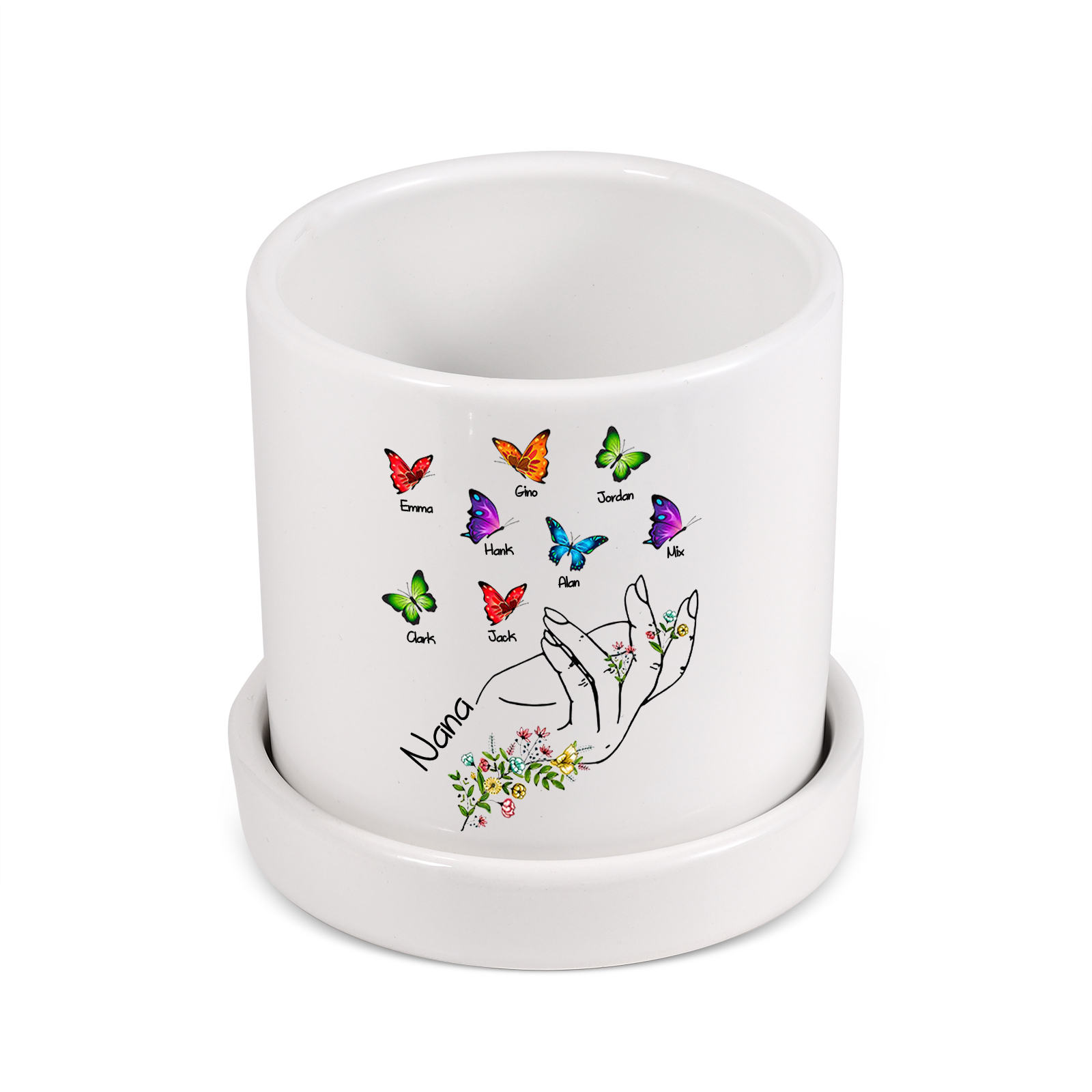 À Maman - Vase/Pot de Fleurs 1 Texte Personnalisé avec 8 Prénoms Main Fleurie et Papillons Décoration de la Maison (sans plantes) | Jessemade