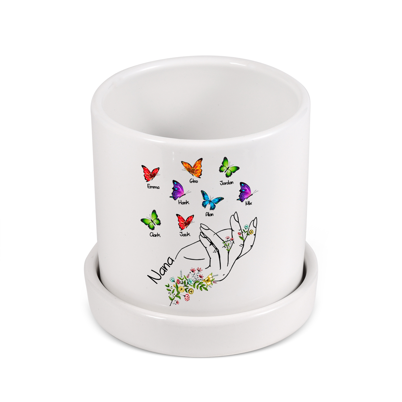 À Maman - Vase/Pot de Fleurs 1 Texte Personnalisé avec 8 Prénoms Main Fleurie et Papillons Décoration de la Maison (sans plantes) | Jessemade
