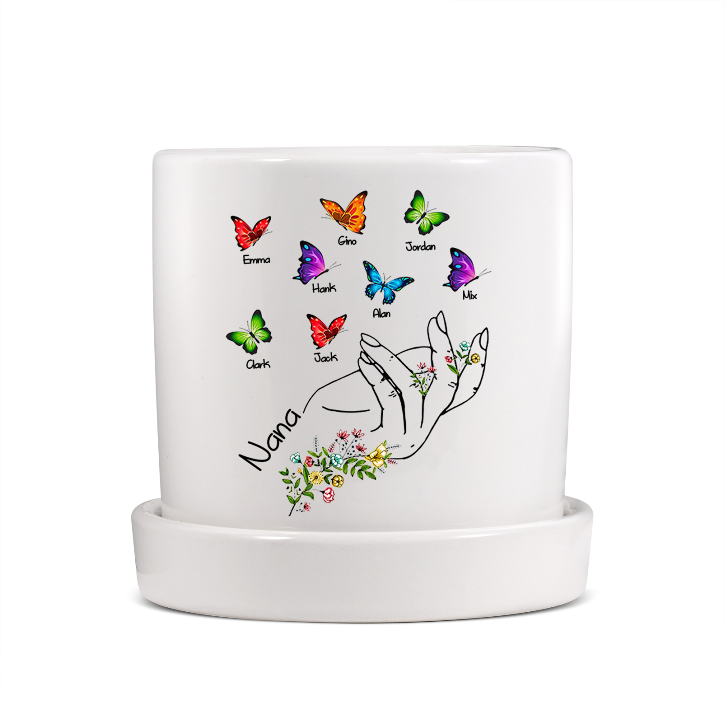 À Maman - Vase/Pot de Fleurs 1 Texte Personnalisé avec 8 Prénoms Main Fleurie et Papillons Décoration de la Maison (sans plantes) | Jessemade
