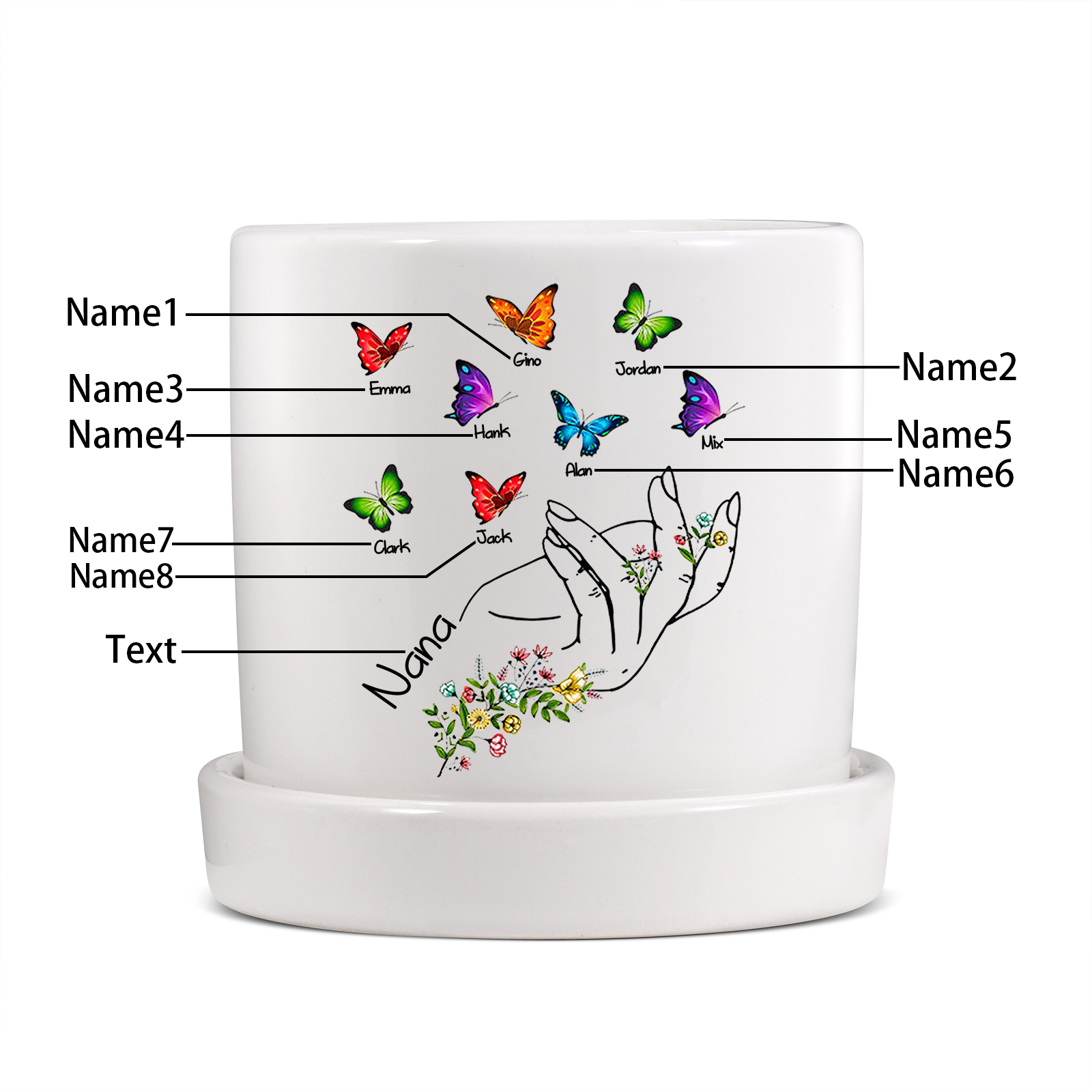 À Maman - Vase/Pot de Fleurs 1 Texte Personnalisé avec 8 Prénoms Main Fleurie et Papillons Décoration de la Maison (sans plantes) | Jessemade